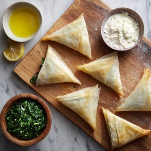 Unbaked spanakopita triangles on a wooden board, surrounded by bowls of spinach, ricotta, olive oil, and a lemon wedge.