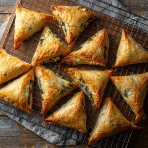 Freshly baked spanakopita triangles cooling on a wire rack, golden and crispy with visible spinach and cheese filling.