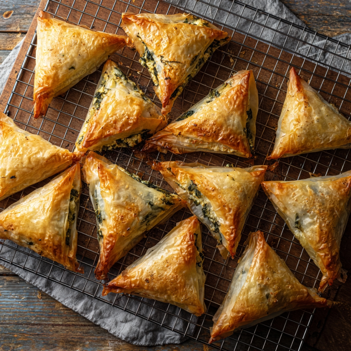 Freshly baked spanakopita triangles cooling on a wire rack, golden and crispy with visible spinach and cheese filling.