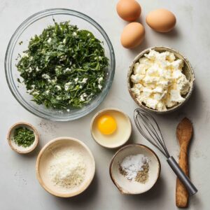 A variety of spanakopita filling ingredients including chopped spinach, crumbled cheese, eggs, herbs, and seasonings laid out on a white surface.