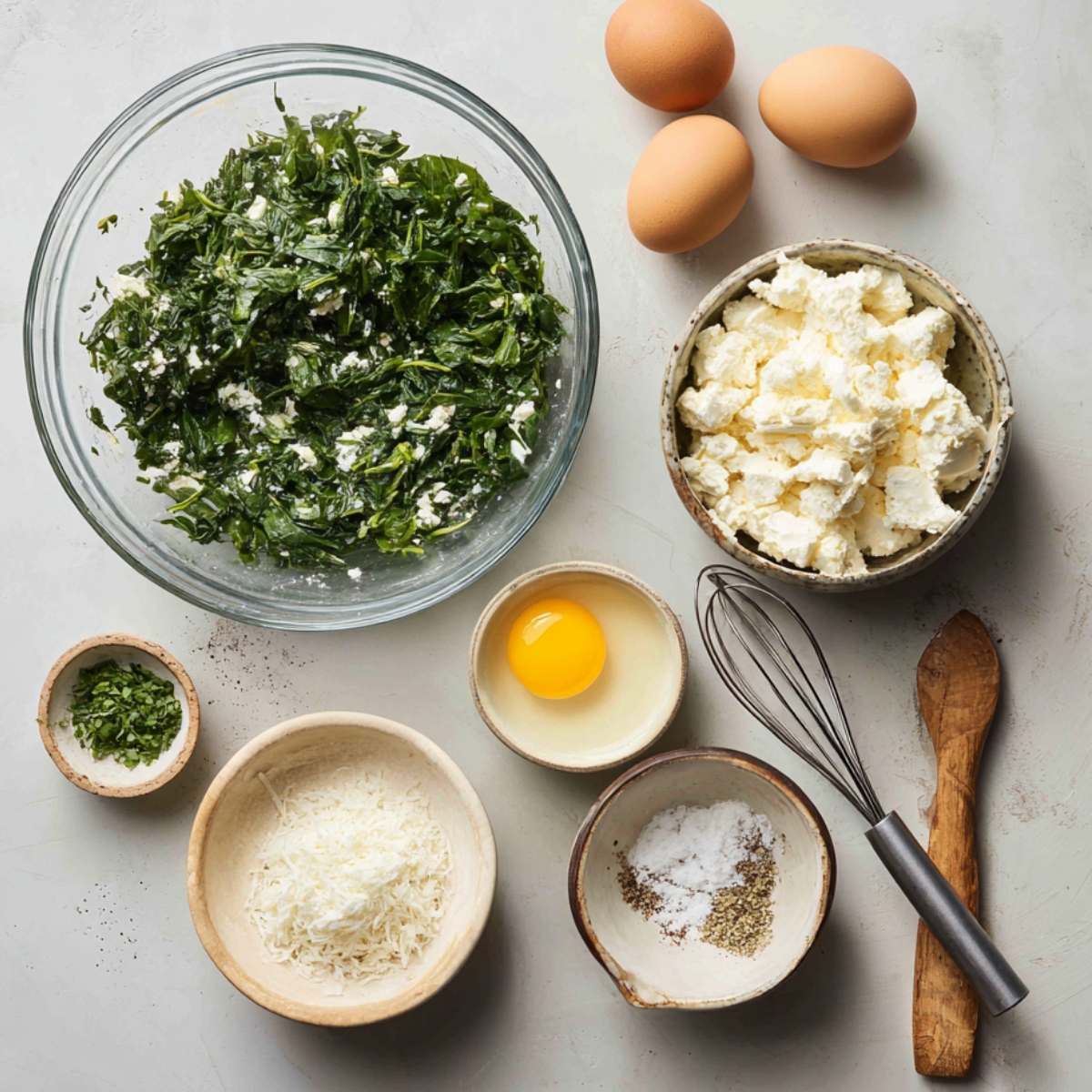A variety of spanakopita filling ingredients including chopped spinach, crumbled cheese, eggs, herbs, and seasonings laid out on a white surface.