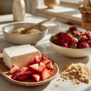 Ingredients on a kitchen counter — a block of cream cheese, fresh strawberries in bowls, and brown sugar scattered nearby.
