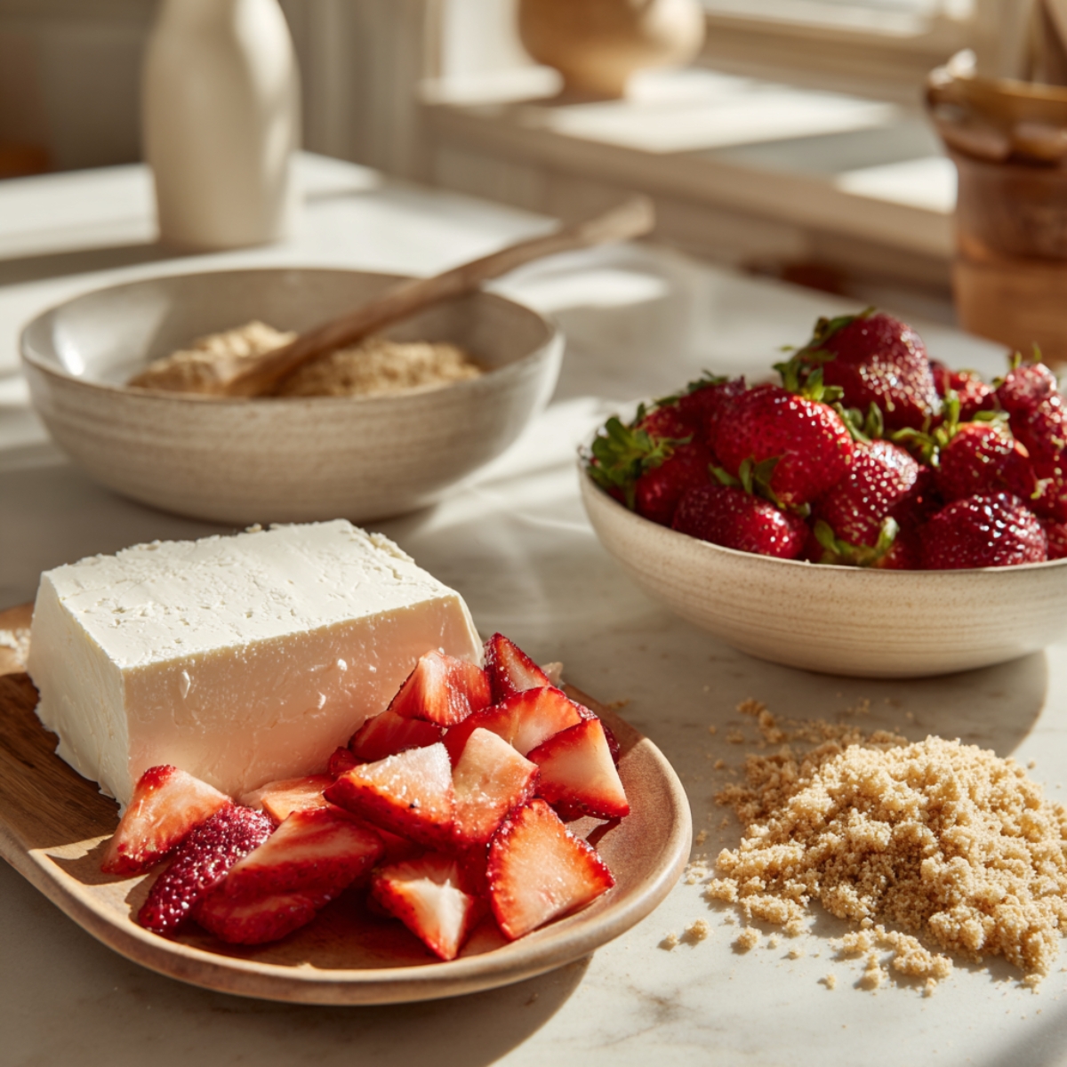 Ingredients on a kitchen counter — a block of cream cheese, fresh strawberries in bowls, and brown sugar scattered nearby.