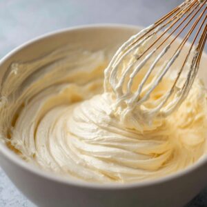 A close-up of creamy cheesecake mixture in a bowl with a whisk coated in the smooth batter.