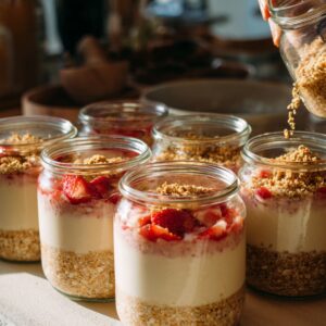 A person sprinkling graham cracker crumbs into jars layered with oats, cheesecake cream, and strawberries on a wooden counter in warm light.