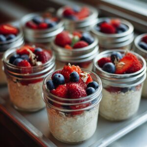 Several glass jars filled with overnight oats topped with fresh strawberries and blueberries, sitting on a tray near a window.