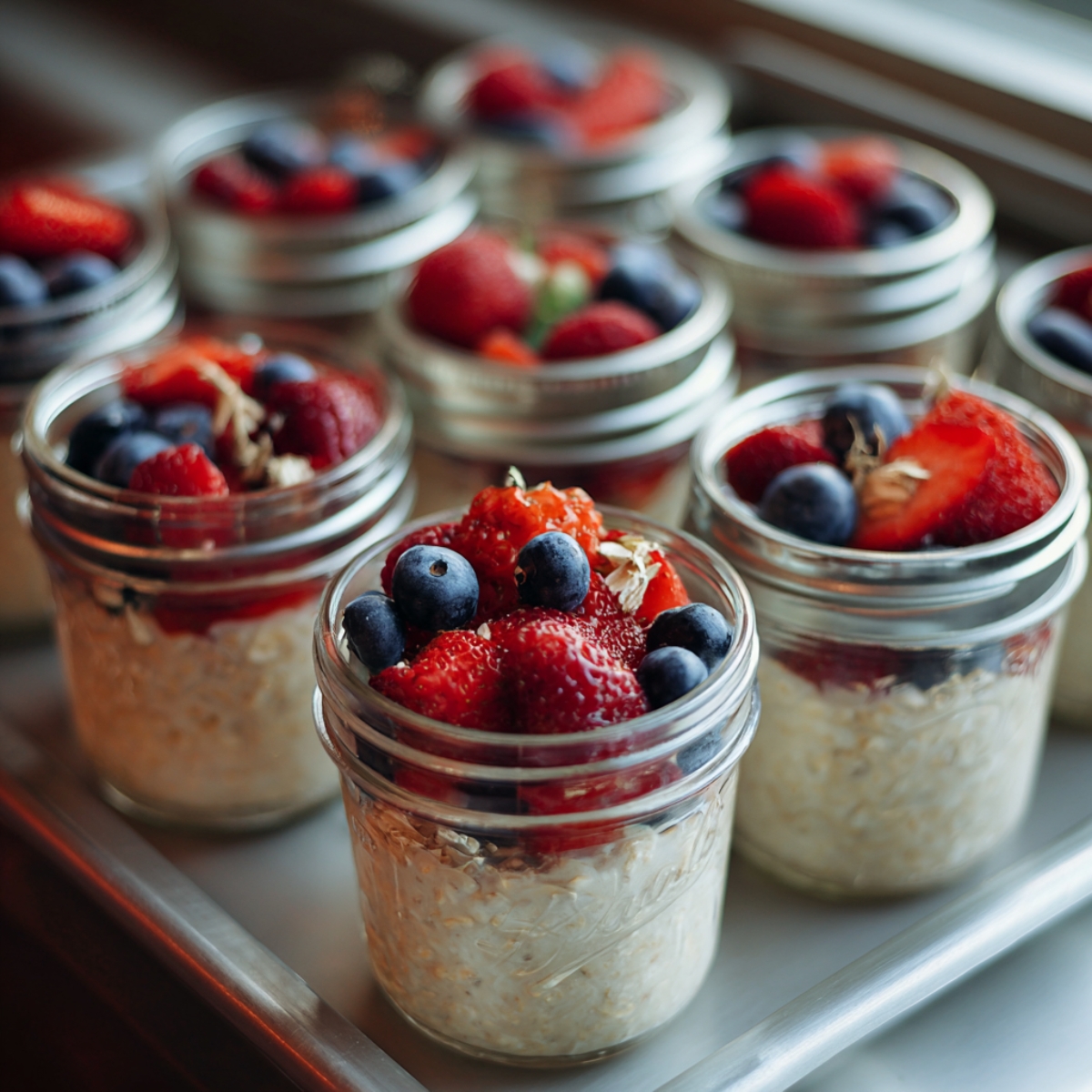 Several glass jars filled with overnight oats topped with fresh strawberries and blueberries, sitting on a tray near a window.