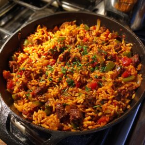 A cast-iron skillet of cooked rice and meat filling mixed with diced tomatoes, bell peppers, and fresh herbs.