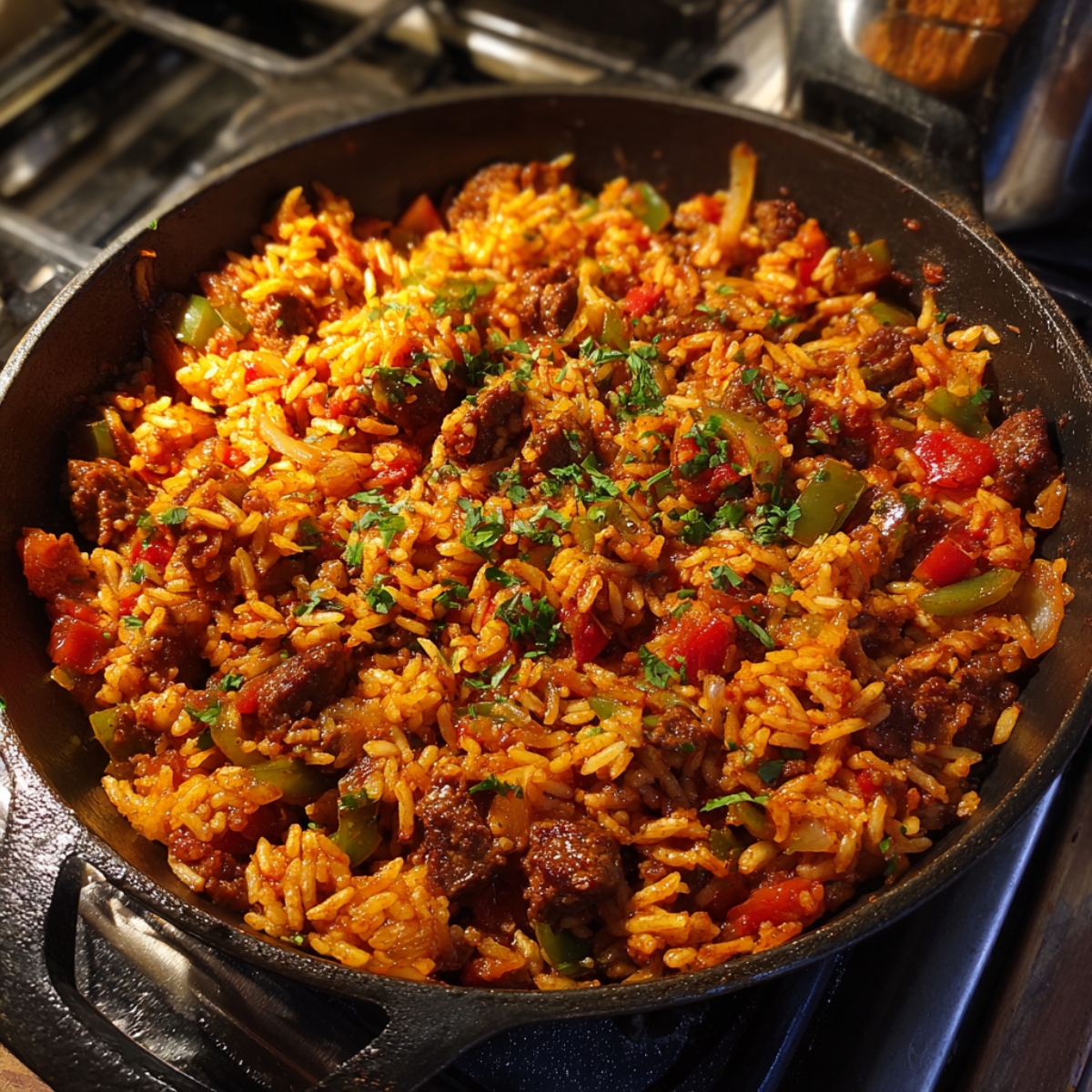 A cast-iron skillet of cooked rice and meat filling mixed with diced tomatoes, bell peppers, and fresh herbs.