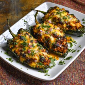 Three stuffed poblano peppers on a white plate with a cheesy topping, garnished with fresh cilantro and diced red onion.