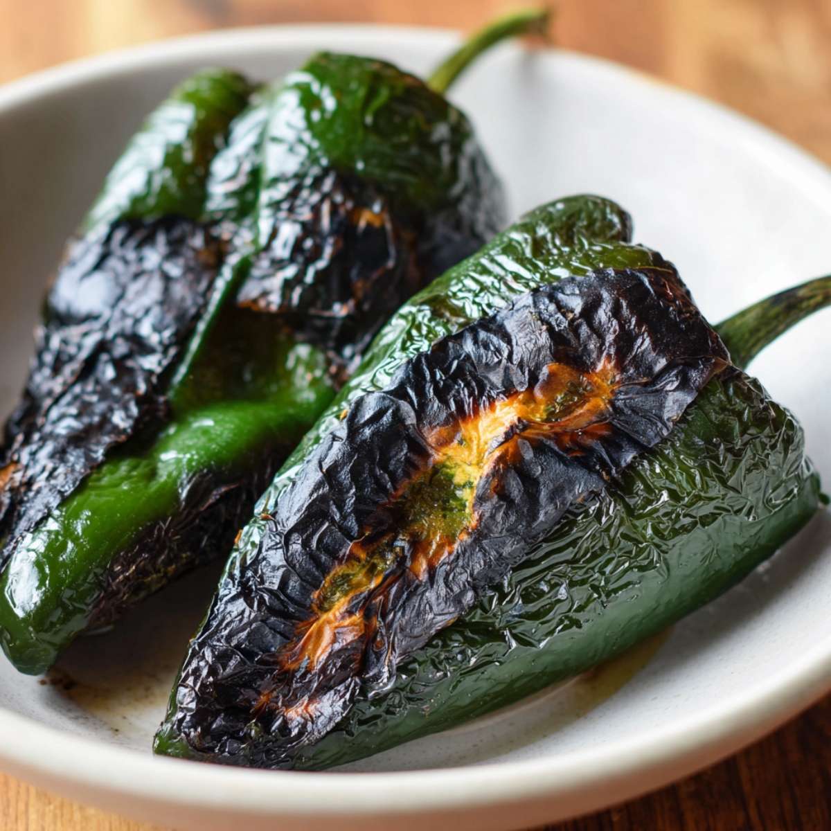 Two charred poblano peppers in a white bowl, blackened and blistered from roasting.