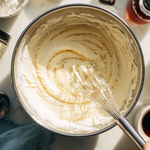 A top-down view of a mixing bowl filled with fluffy creamed butter and sugar, surrounded by baking ingredients like flour, vanilla, sugar, jam, and a cup of coffee.