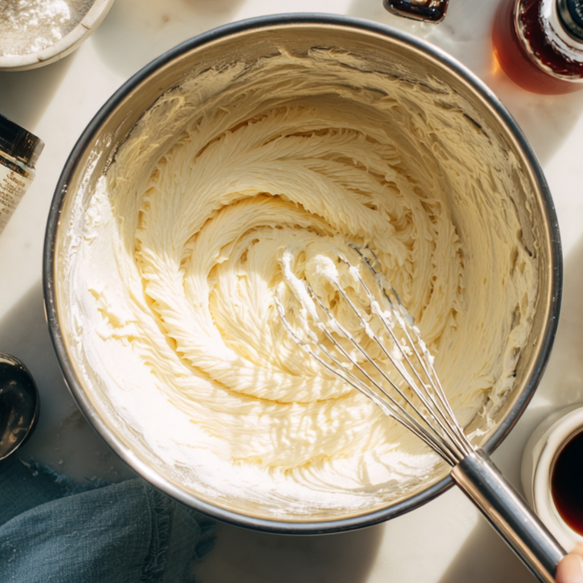 A top-down view of a mixing bowl filled with fluffy creamed butter and sugar, surrounded by baking ingredients like flour, vanilla, sugar, jam, and a cup of coffee.