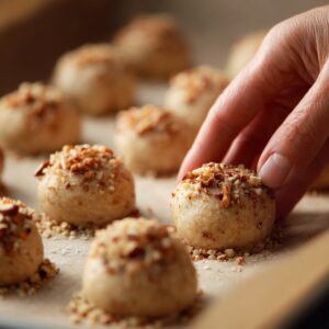 A hand placing a round dough ball rolled in chopped nuts onto a baking sheet, with other nut-coated dough balls lined up in the background.