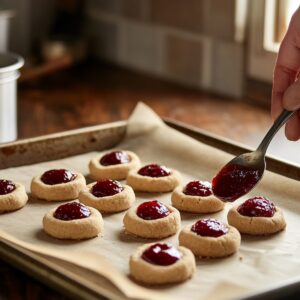 A hand spooning jam into indentations of unbaked thumbprint cookies arranged on a parchment-lined baking sheet.