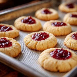 Freshly baked thumbprint cookies cooling on a baking sheet, each with a bright red jam center.