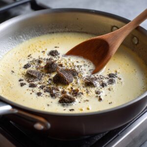 A pan of creamy sauce with shaved black truffles stirred with a wooden spoon.
