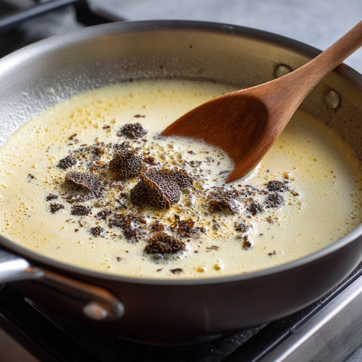 A pan of creamy sauce with shaved black truffles stirred with a wooden spoon.