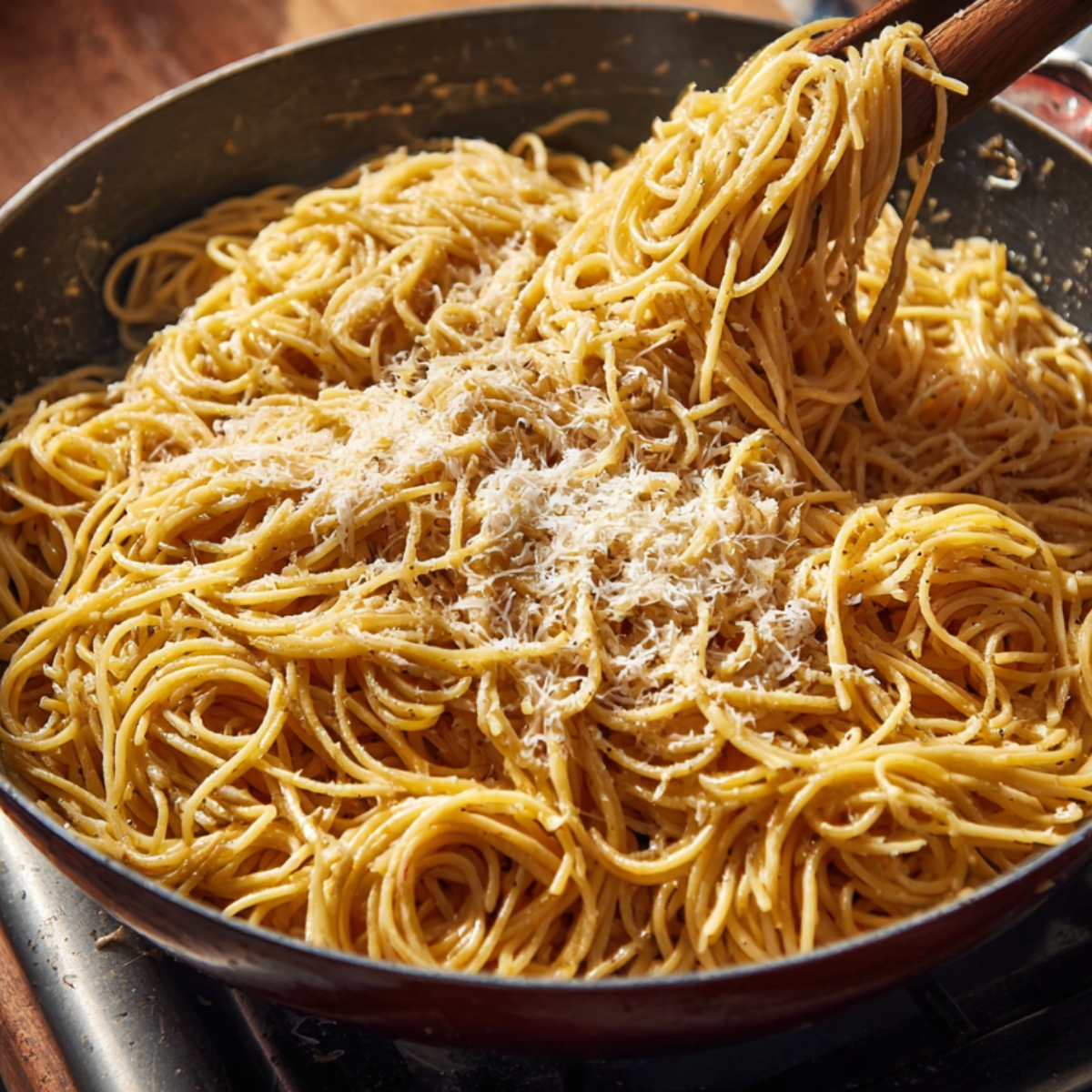 A skillet full of spaghetti being mixed with grated Parmesan cheese.