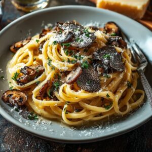 A bowl of truffle pasta with mushrooms, grated Parmesan, fresh herbs, and black truffle slices.