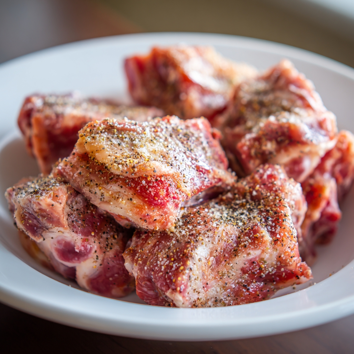 Raw oxtail pieces in a white bowl, seasoned with salt and pepper.