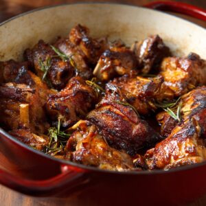 Deeply browned meat pieces with rosemary in a red Dutch oven.