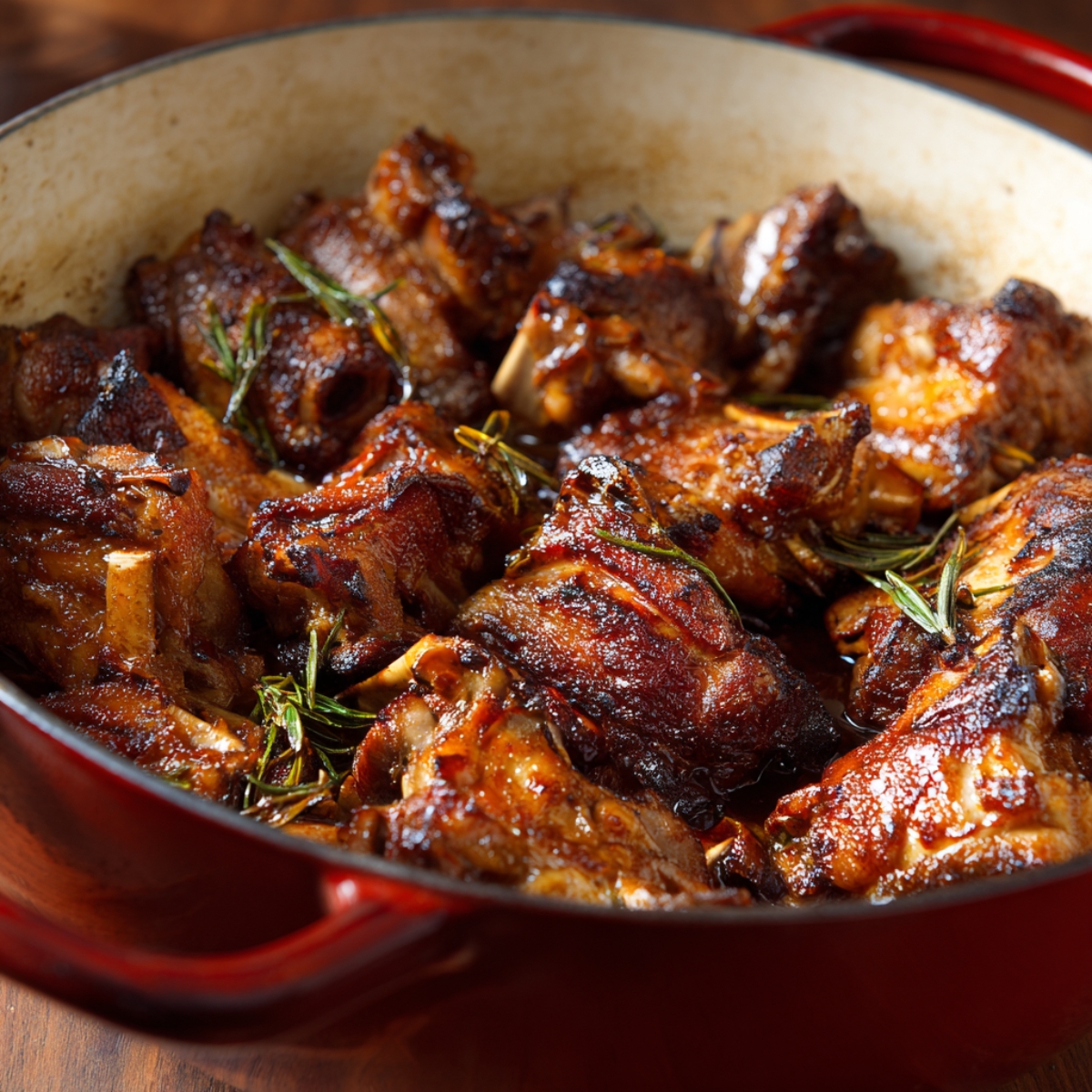 Deeply browned meat pieces with rosemary in a red Dutch oven.