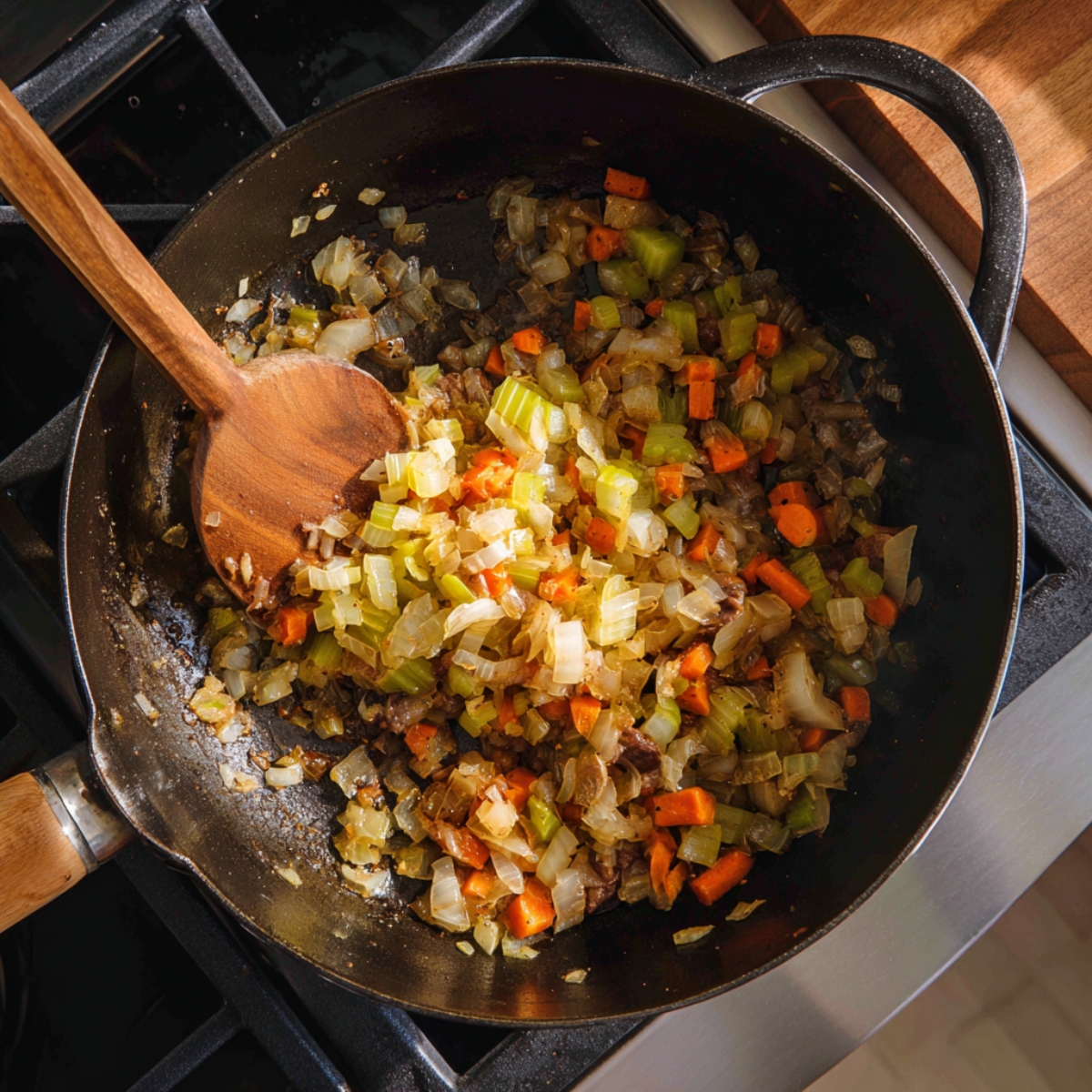 Chopped onions, carrots, and celery sautéing in a skillet with a wooden spoon.
