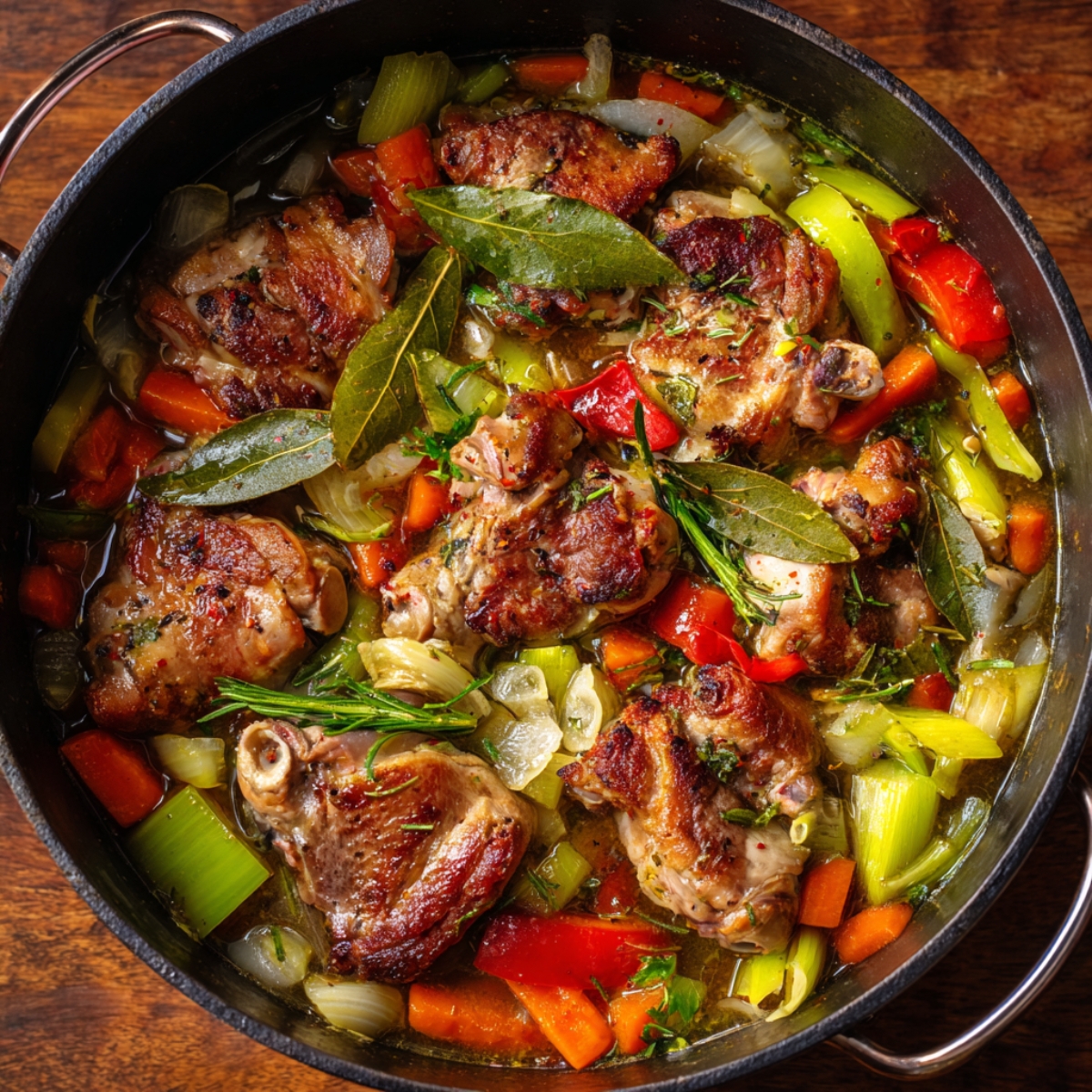 Browned meat pieces simmering in a pot with carrots, celery, onions, peppers, bay leaves, and fresh herbs in broth.