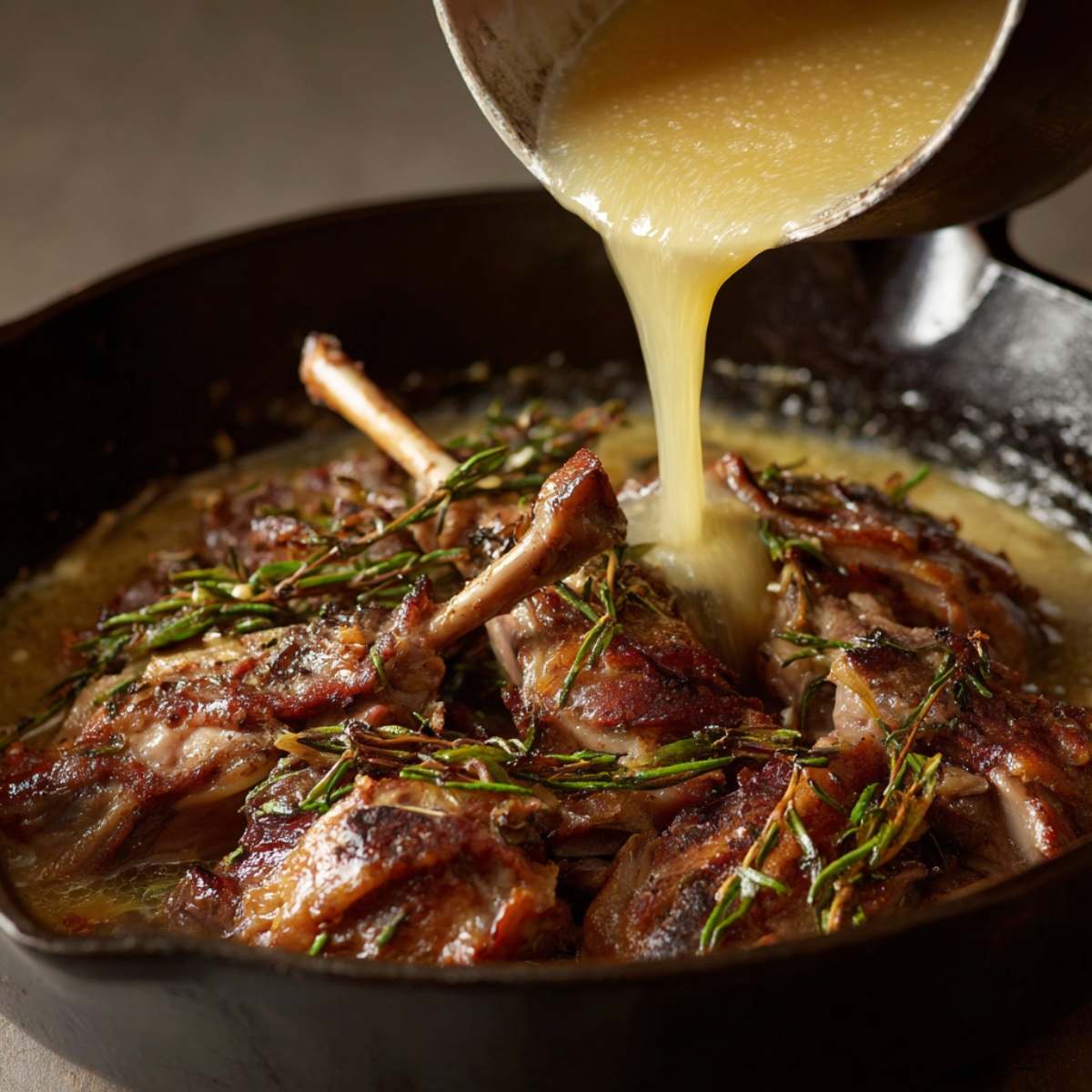 Golden-brown braised meat in a cast iron skillet with rosemary sprigs, being topped with ladled broth.