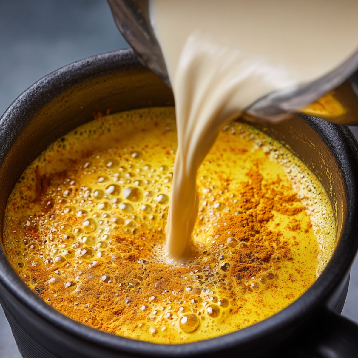 Hot turmeric milk in a black mug with warm plant-based milk being poured in slowly, with foamy golden bubbles on top.