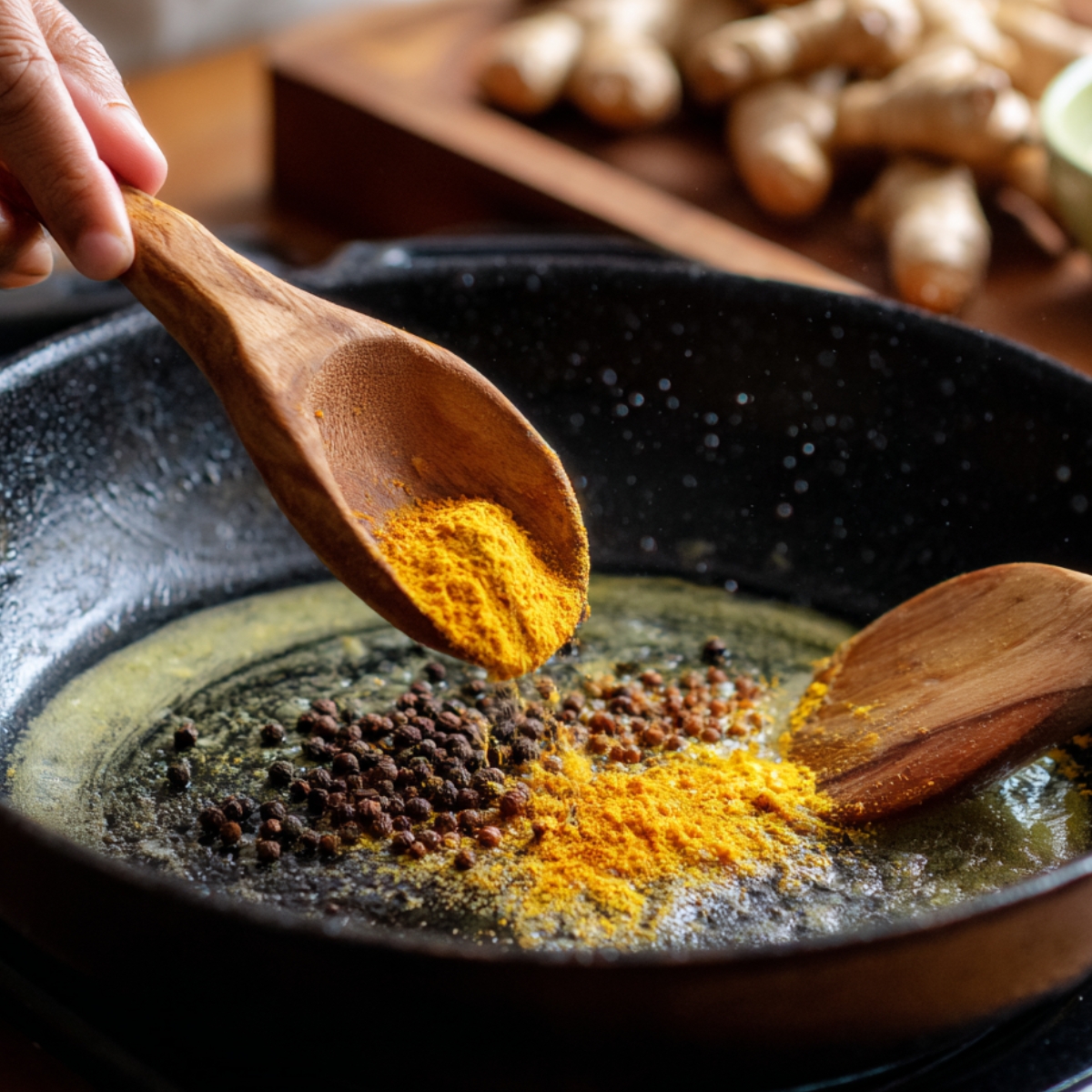 Turmeric powder and black peppercorns being added to melted coconut oil in a pan, with fresh ginger visible in the background.