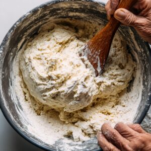 Mixing bowl with bread dough being stirred by hand with a wooden spoon, flour scattered around.