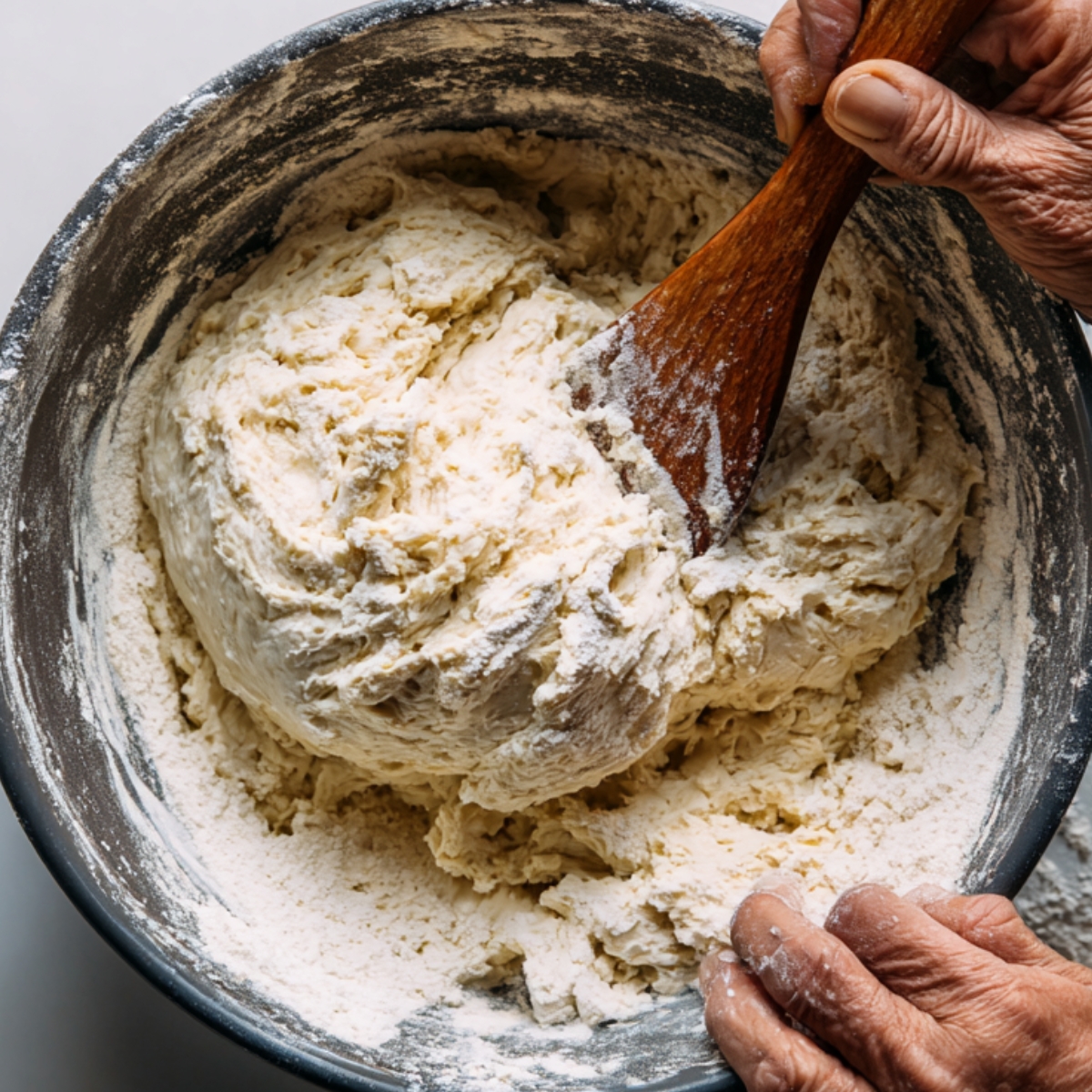 Mixing bowl with bread dough being stirred by hand with a wooden spoon, flour scattered around.