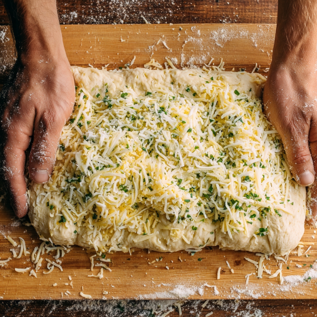 Dough pressed flat on a floured wooden surface, topped generously with shredded cheese and herbs, with hands shaping it.