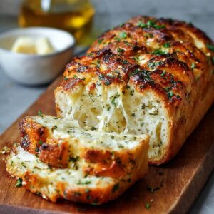 Another cheesy herb bread loaf, baked until golden and pulled apart to reveal soft, stretchy melted cheese inside.
