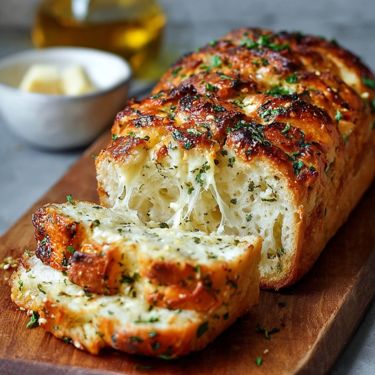 Another cheesy herb bread loaf, baked until golden and pulled apart to reveal soft, stretchy melted cheese inside.