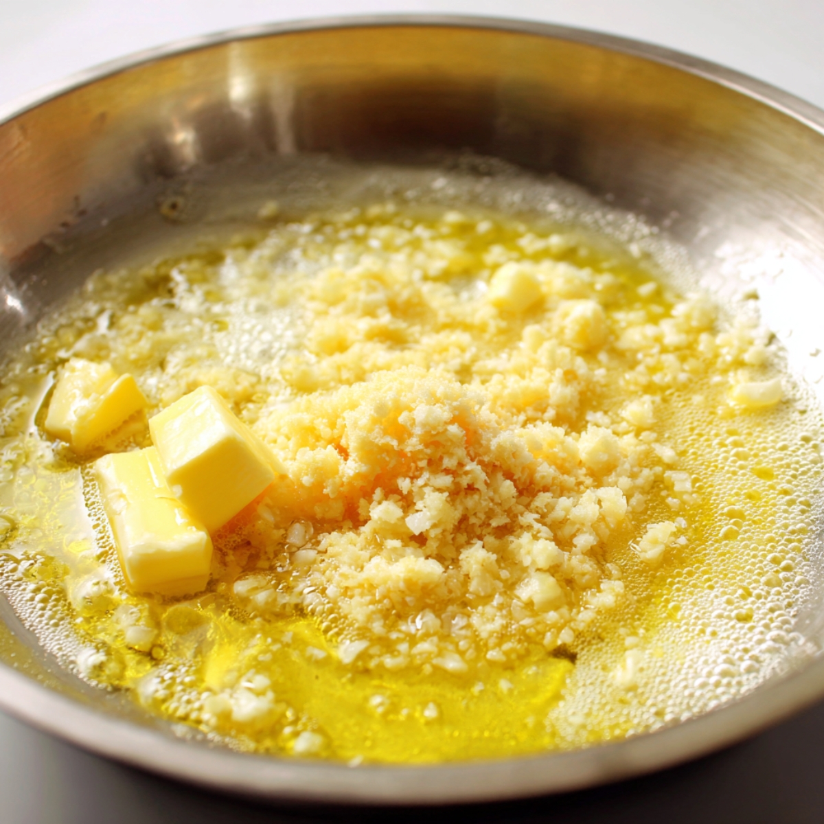 The Best Cheesy Garlic Zucchini Steaks Recips 13 Butter, garlic, and grated cheese melting together in a skillet to create a rich, aromatic sauce.