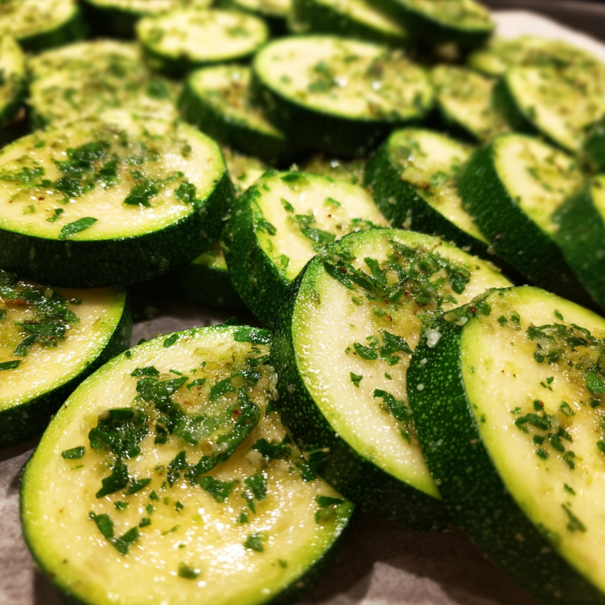 The Best Cheesy Garlic Zucchini Steaks Recips 12 Raw zucchini slices coated with garlic, herbs, and salt, prepared for baking or grilling.
