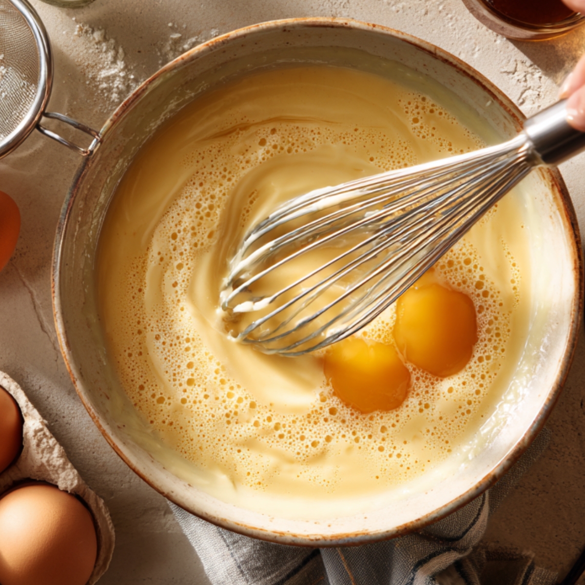 Overhead view of a custard mixture being whisked in a bowl surrounded by eggs, flour, milk, and vanilla.