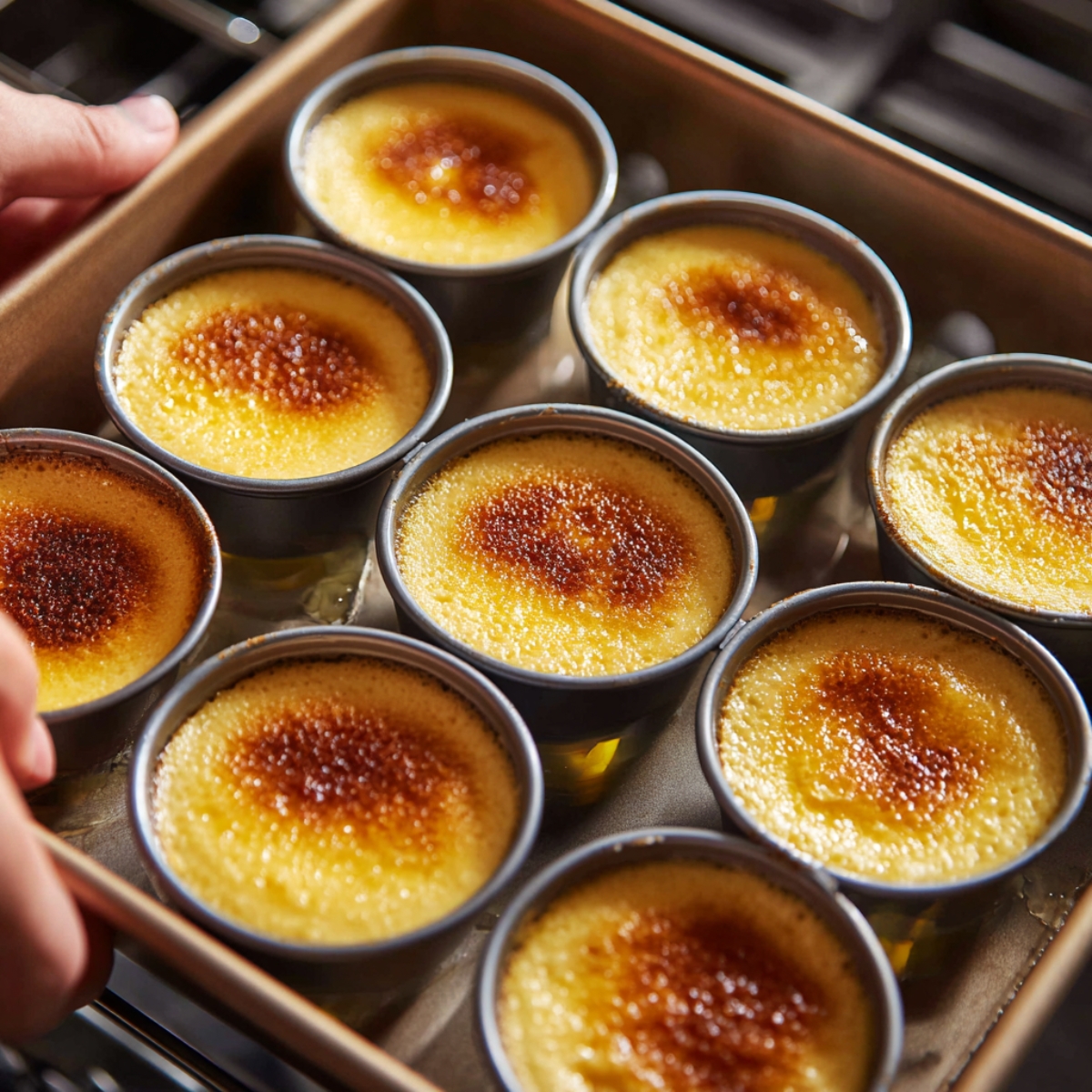Tray filled with individual crème brûlée ramekins, fresh from the oven, showing caramelized tops.