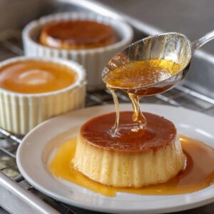 Close-up of a flan being topped with caramel sauce using a spoon, with ramekins of flan in the background.