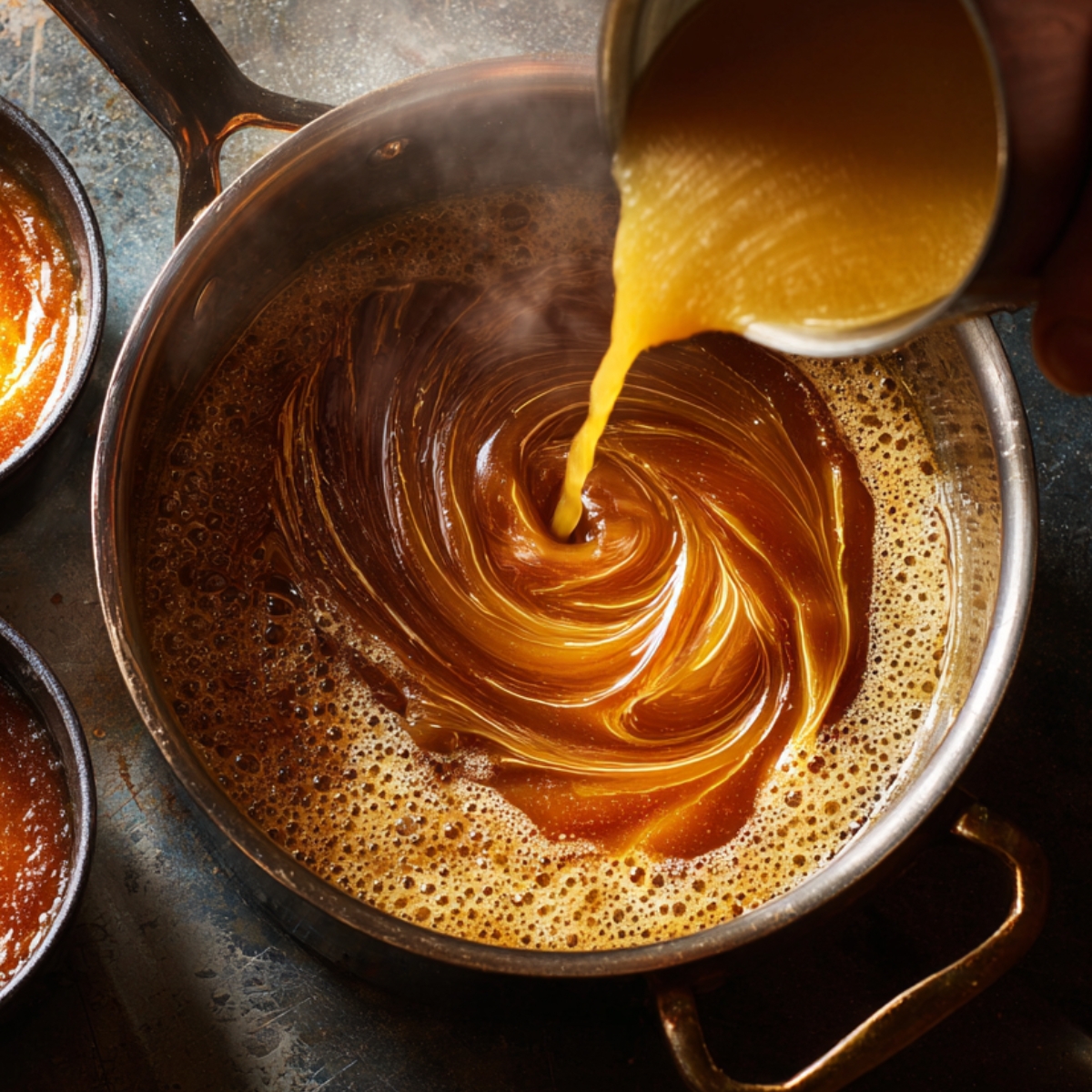 Top-down view of caramel being swirled in a saucepan as a yellow liquid is being poured in.