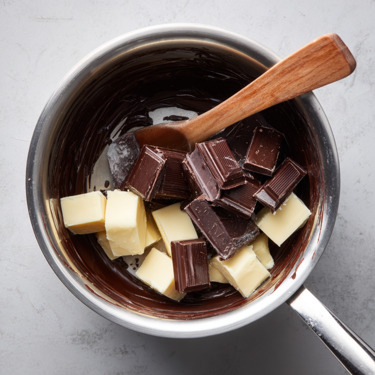Chunks of dark and white butter melting together in a saucepan with a wooden spoon, ready to be stirred into a smooth chocolate mixture.