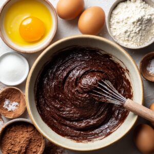 Bowl of rich chocolate batter being whisked, surrounded by baking ingredients like eggs, flour, sugar, cocoa powder, and sea salt on a white surface.