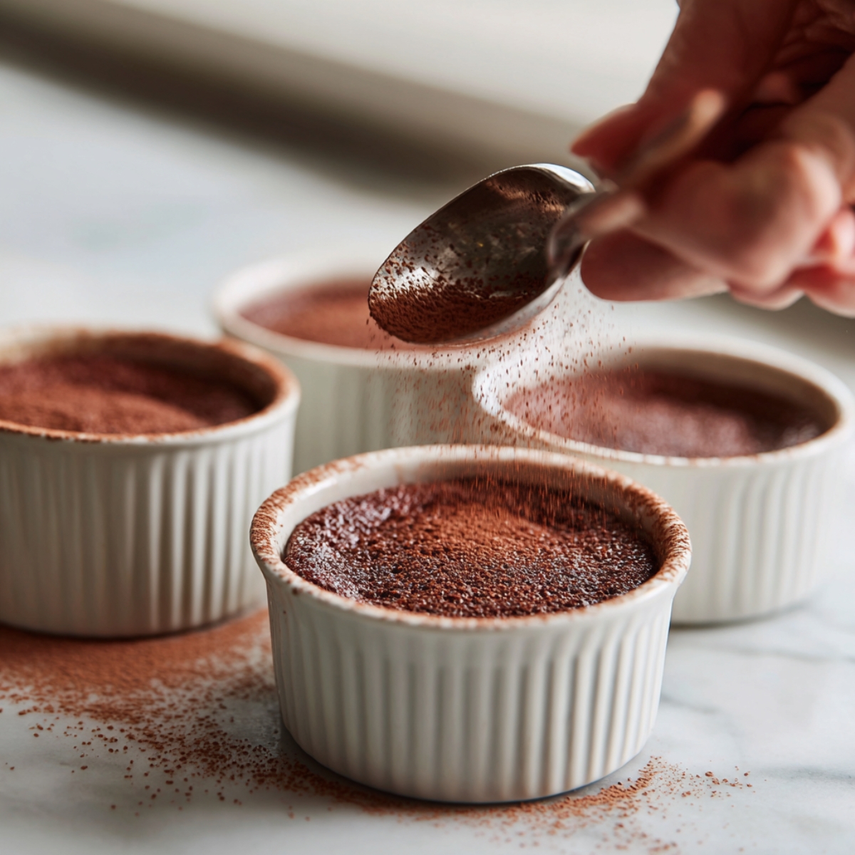 Hand dusting cocoa powder over chocolate-filled ramekins using a small spoon, with powder falling gently onto the tops, adding a finishing touch before baking or serving.