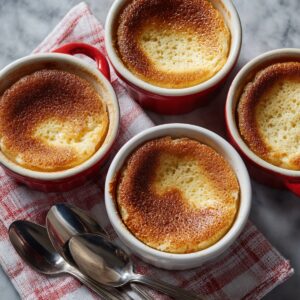 Four baked ramekins with golden-brown tops resting on a red-and-white kitchen towel, accompanied by metal spoons, ready to be unmolded for serving.
