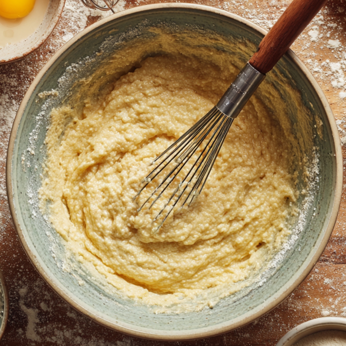 Top-down view of pancake batter being mixed in a bowl surrounded by flour, eggs, and milk ingredients