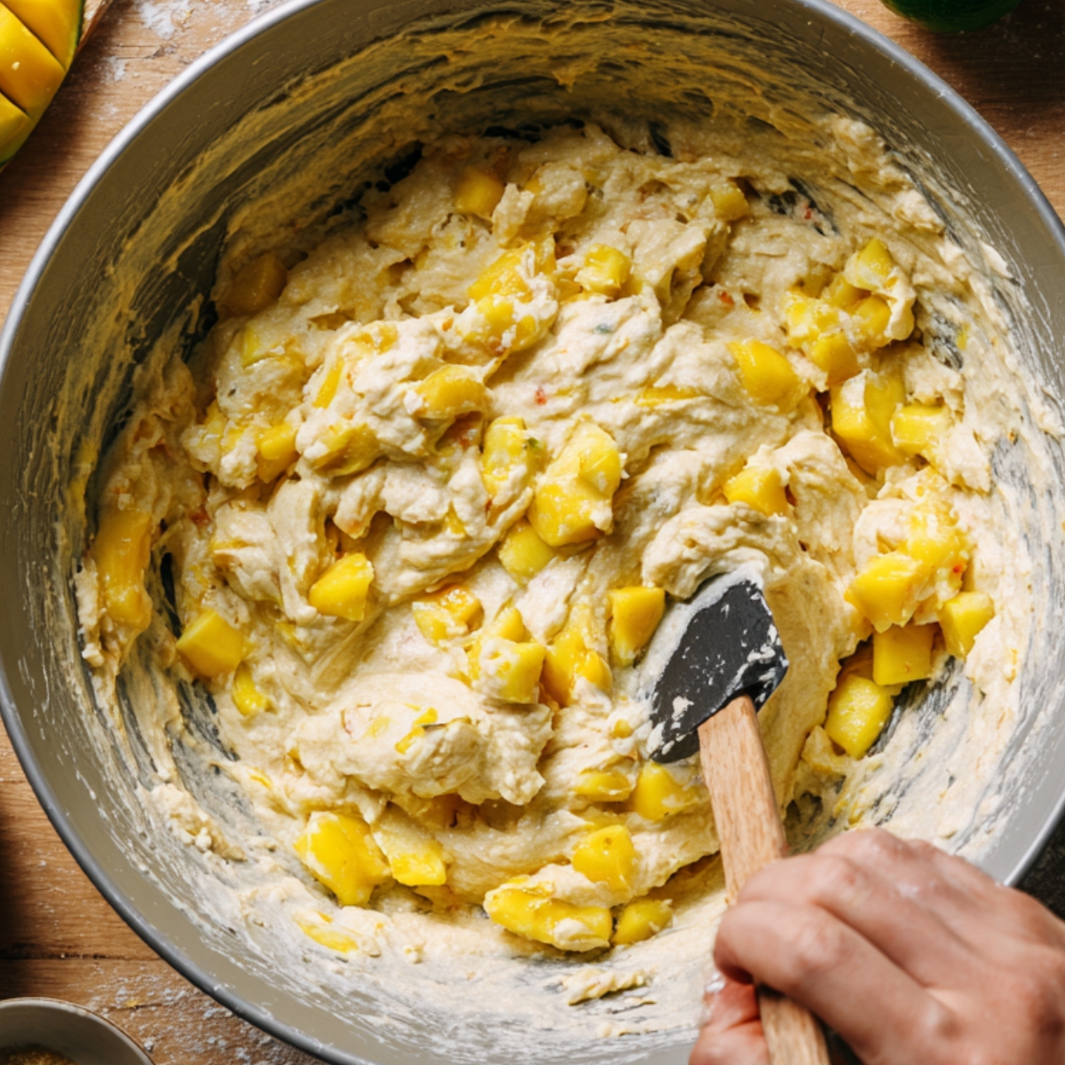 Overhead view of mango pancake batter mixed in a large bowl with visible mango pieces and limes beside