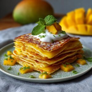 Stack of golden mango pancakes topped with fresh mango chunks, whipped cream, and mint on a gray plate